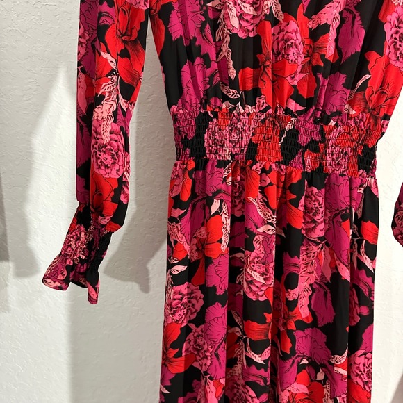 Nanette Lepore Long Sleeve Smocked Floral Midi Dress 4 Red Romantic Feminine - Picture 4 of 10